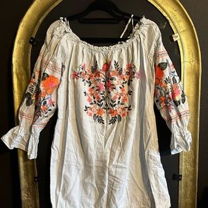 FREE PEOPLE Blue Fleur Du Jour Embroidered Mini Shift Cotton Twill Dress L